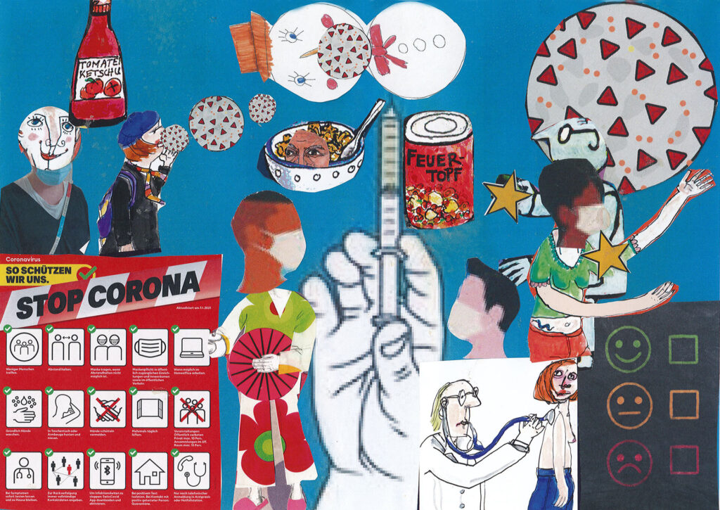 Collage mit Corona-Plakat, Spritze und anderen Motiven aus dem Corona-Jahr.