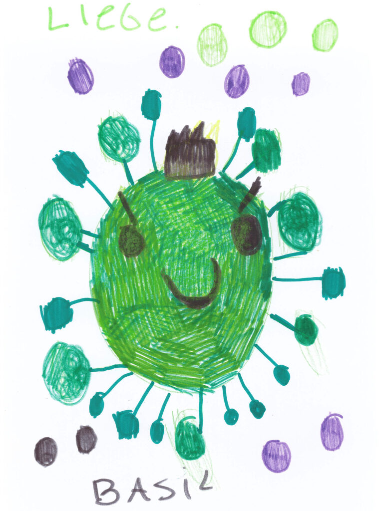Ein grünes Corona-Virus lächelt und trägt eine schwarze Krone